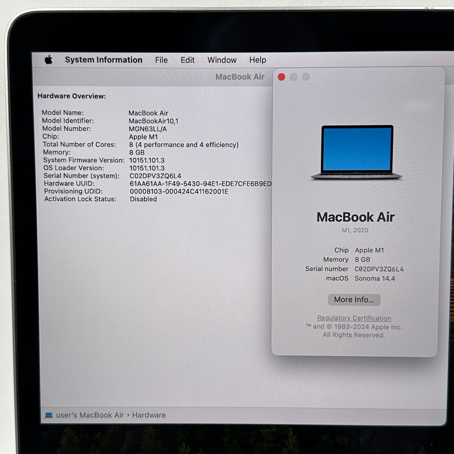 2020 Apple MacBook Air 13.3" M1 7C GPU 3.2GHz 8GB RAM 256GB SSD A2337