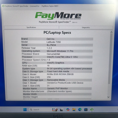 Dell Latitude 7350 13.3" Intel Core Ultra 5 1.6GHz 16GB RAM 256GB SSD