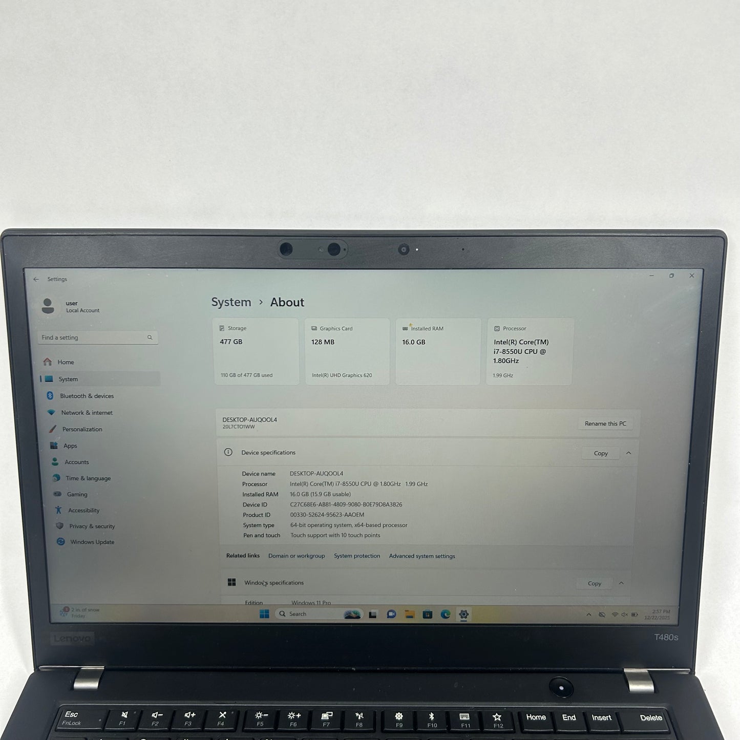 Lenovo ThinkPad T480S 14" i7-8550U 1.8GHz 16GB RAM 500GB SSD