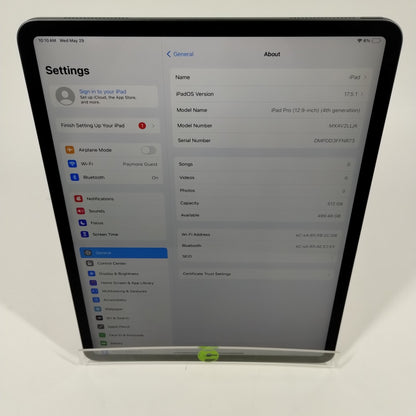 WiFi Only Apple iPad Pro 12.9" 4th Gen 512GB Space Gray MK2P3LL/A