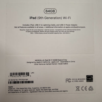 New WiFi Only Apple iPad 9th Gen 64GB Space Gray MK2K3LL/A