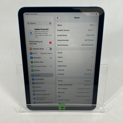 Unlocked Apple iPad 11" (A16) 128GB Blue MD7G4LL/A