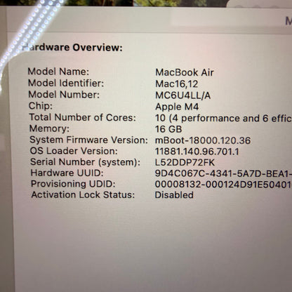 2025 Apple MacBook Air 13.6" M4 10C GPU 4.5GHz 16GB RAM 512GB SSD MC6U4LL/A