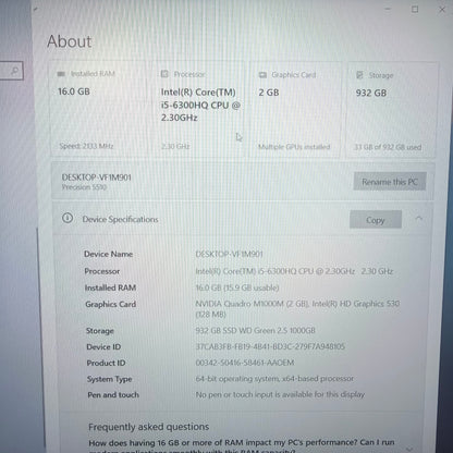 Dell PRECISION 5510 P56F 15.6" i5-6300HQ 2.8GHz 16GB RAM 1TB SSD Quadro M1000M