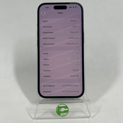 Factory Unlocked Apple iPhone 16 128GB Black MYAP3LL/A