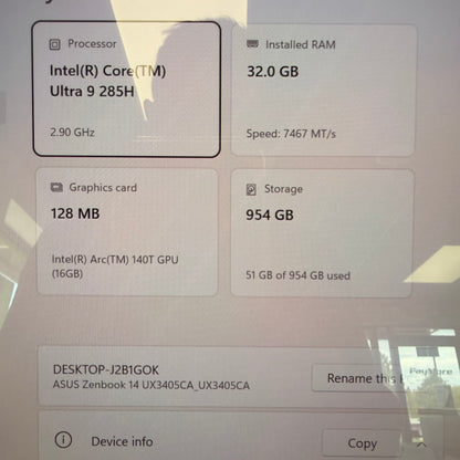 Asus Zenbook UX3405 14" Core Ultra 9 285H 2.9GHz 32GB RAM 1TB SSD