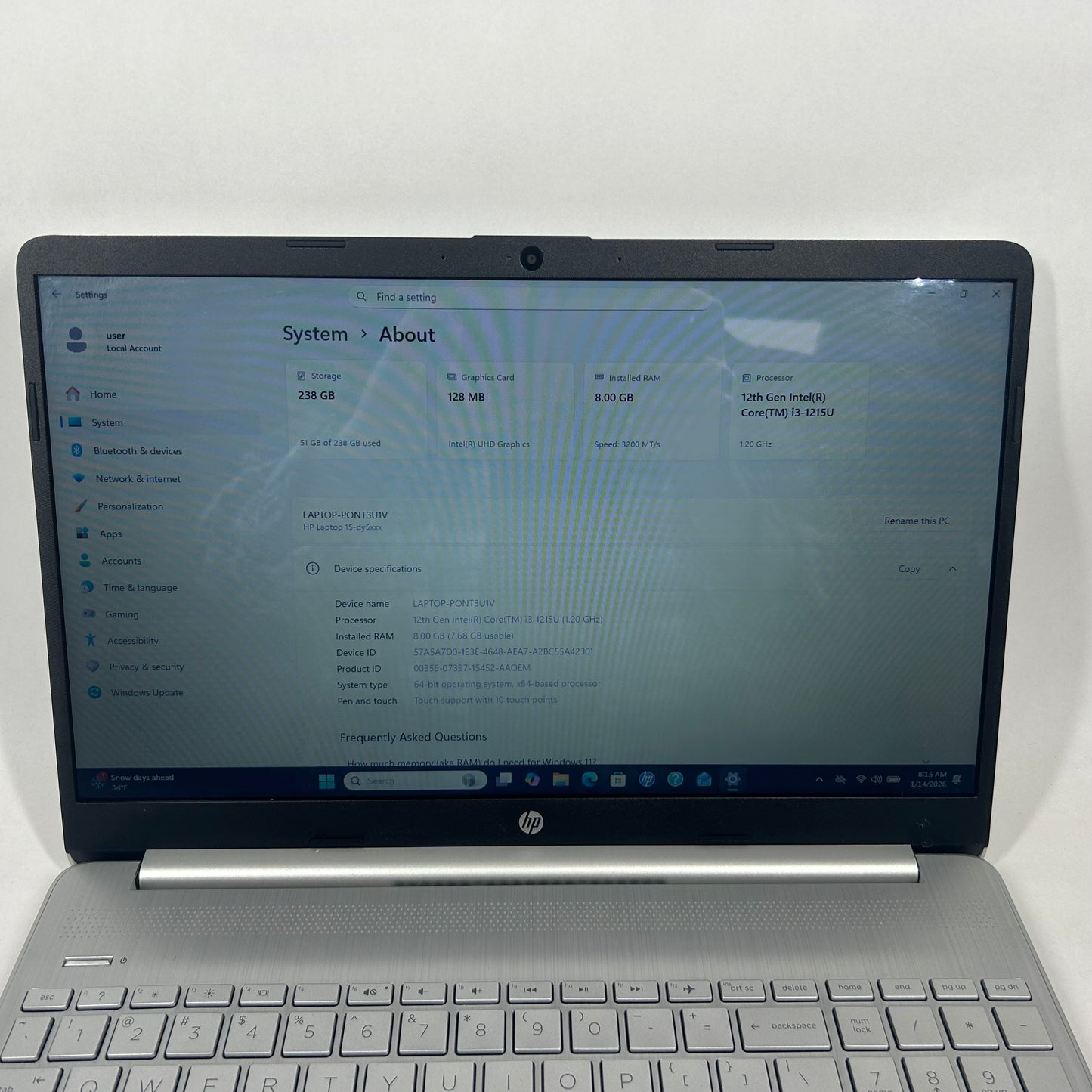 HP Laptop 15-DY5033DX 15" i3-1215U 1.2GHz 8GB RAM 256GB SSD