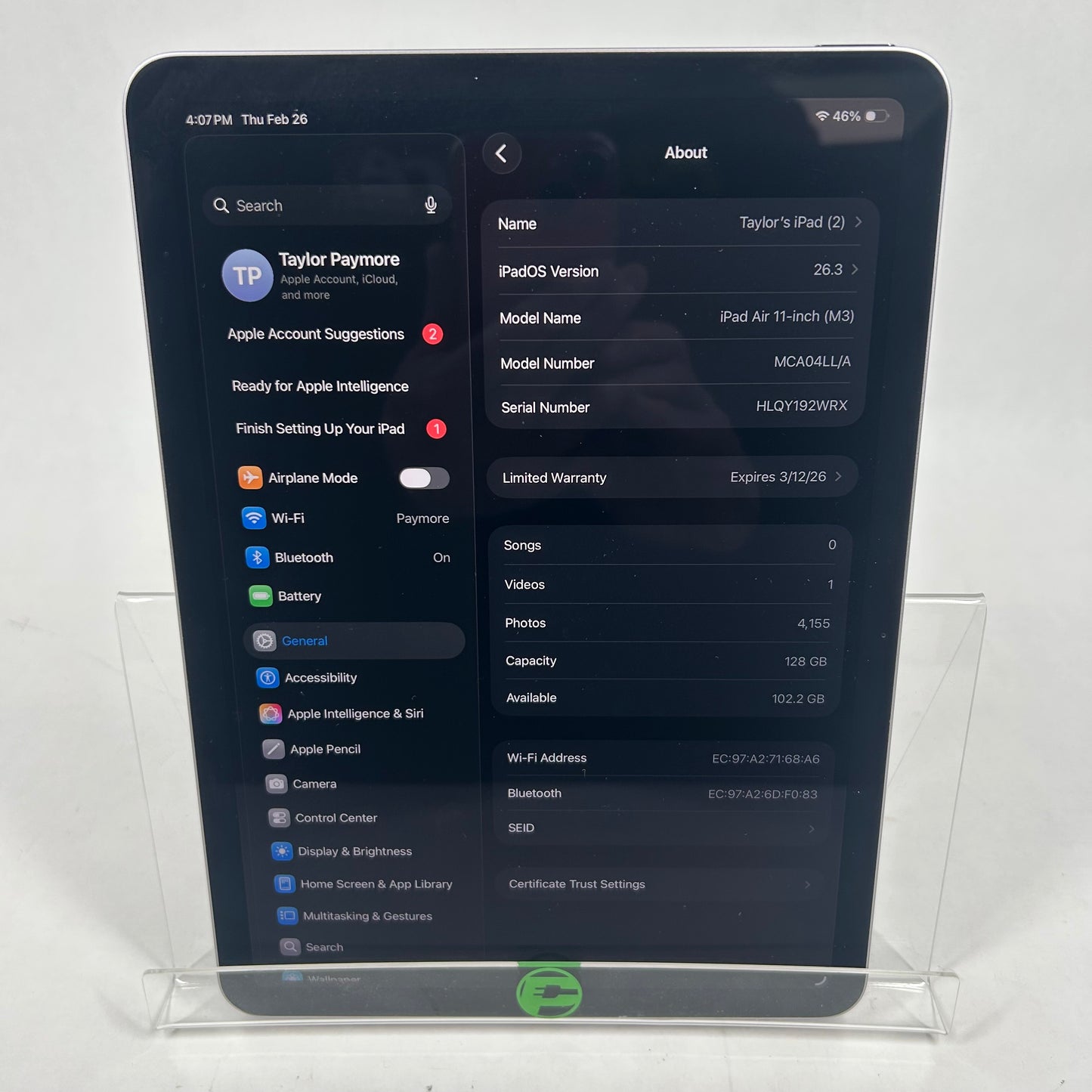 WiFi Only Apple iPad Air 11" M3 128GB Purple MCA04LL/A