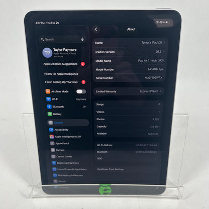 WiFi Only Apple iPad Air 11" M3 128GB Purple MCA04LL/A