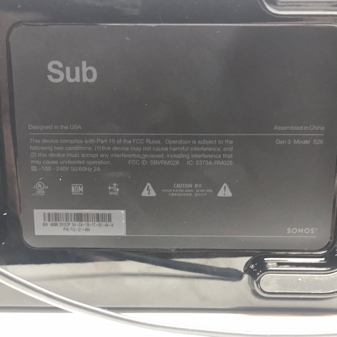 Sonos Sub Gen 3 Wireless Subwoofer Black S26