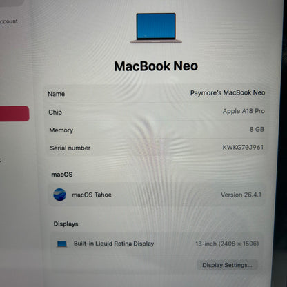 2026 Apple MacBook Neo 13" A18 Pro 5C GPU 4.0GHz 8GB RAM 256GB SSD MHFH4LL/A