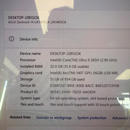 Asus Zenbook UX3405 14" Core Ultra 9 285H 2.9GHz 32GB RAM 1TB SSD