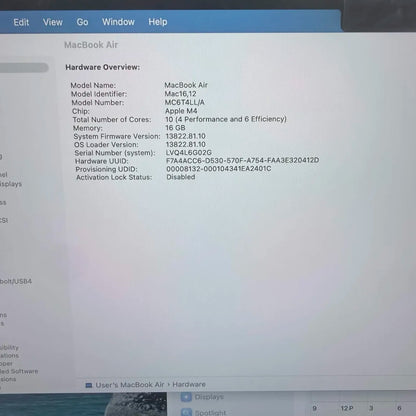 2025 Apple MacBook Air 13" M4 10C GPU 4.5GHz 16GB RAM 256GB SSD MC6T4LL/A