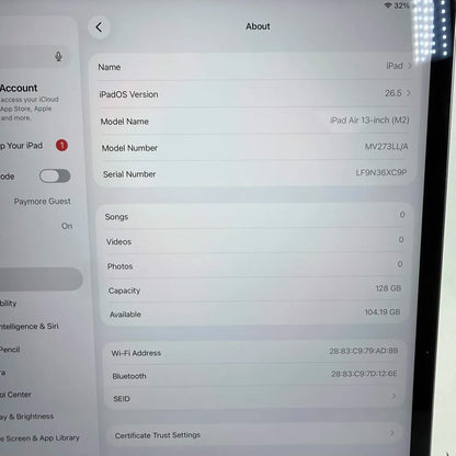 WiFi Only Apple iPad Air 13" M2 128GB Space Gray MD3Y4LL/A