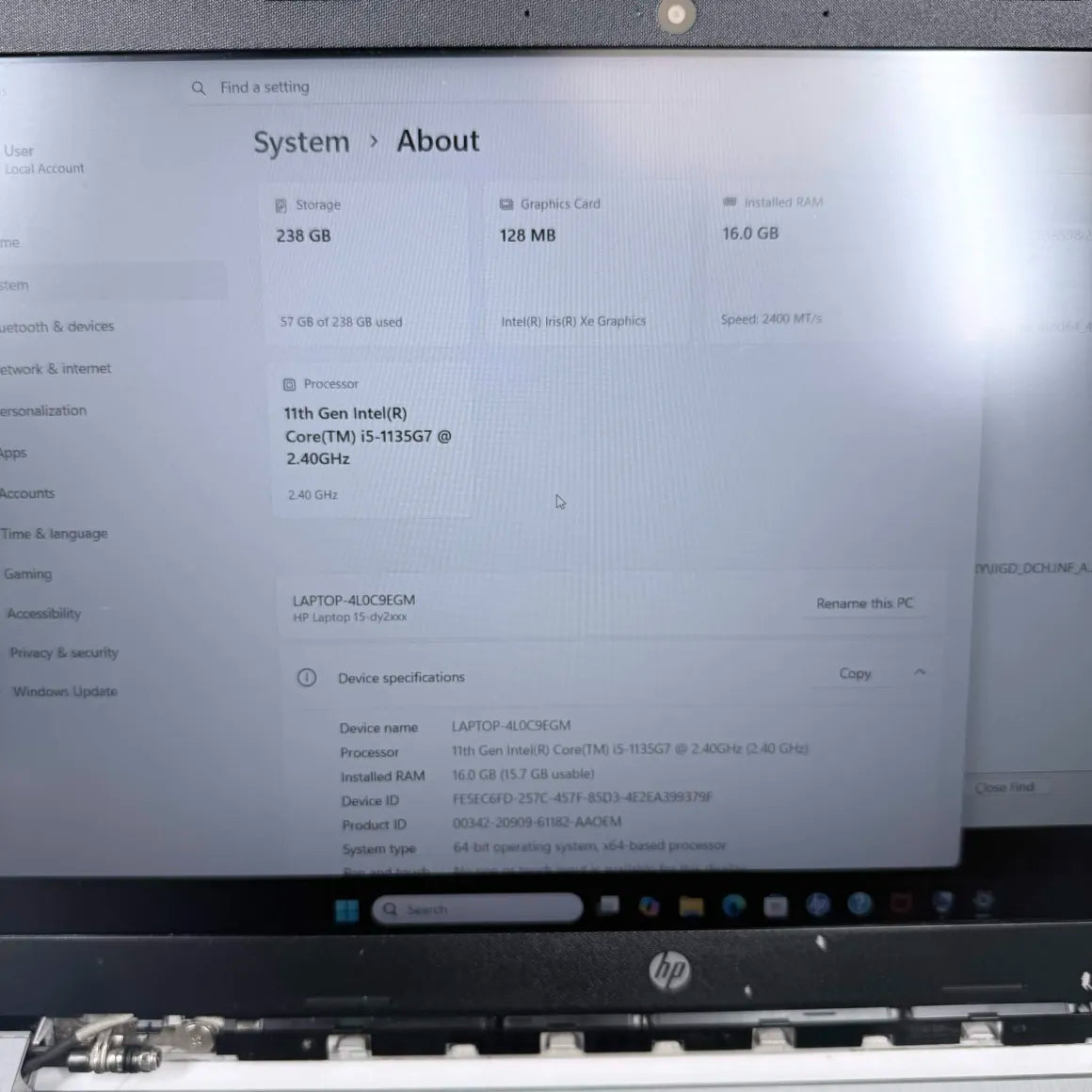 Broken HP Laptop 4L0C9EGM 11" i5-1135G7 3.5GHz 16GB RAM 256GB SSD