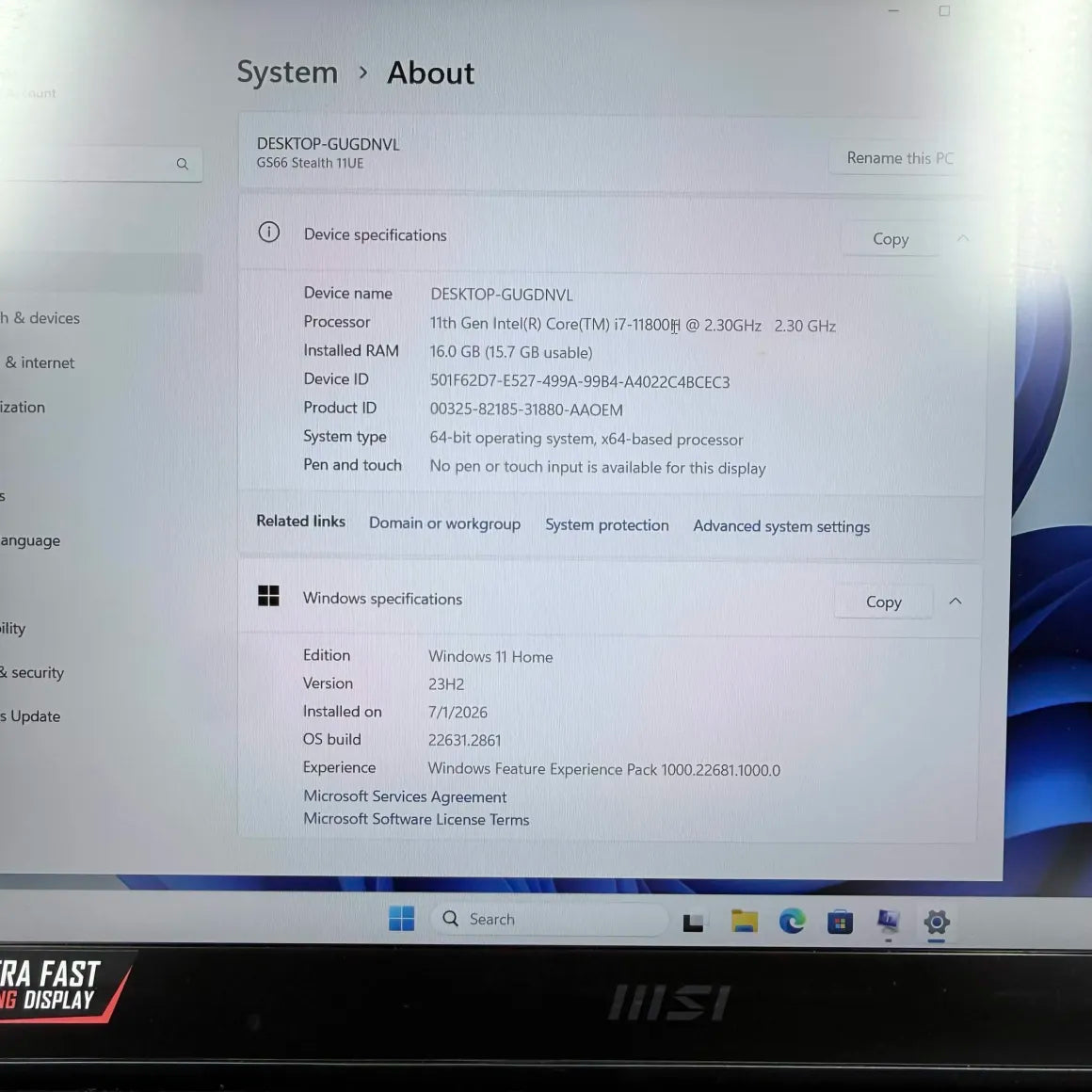MSI Stealth GS66 11LUE 15.6" i7-11800H 2.3GHz 16GB RAM 1TB SSD