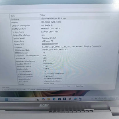 Acer Aspire A14 O6U71N89 13.3" Core Ultra 5 226V 2.1GHz 16GB RAM 1TB SSD