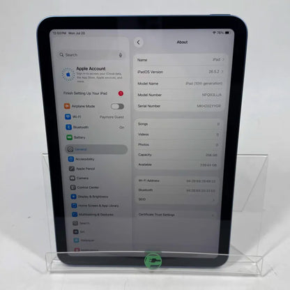 WiFi Only Apple iPad 10th Gen 256GB Blue NPQ93LL/A READ