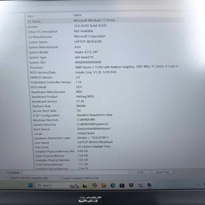 Acer Aspire 3 8876QCRB 15.6" Ryzen 3 7320U 2.4GHz 8GB RAM 128GB SSD