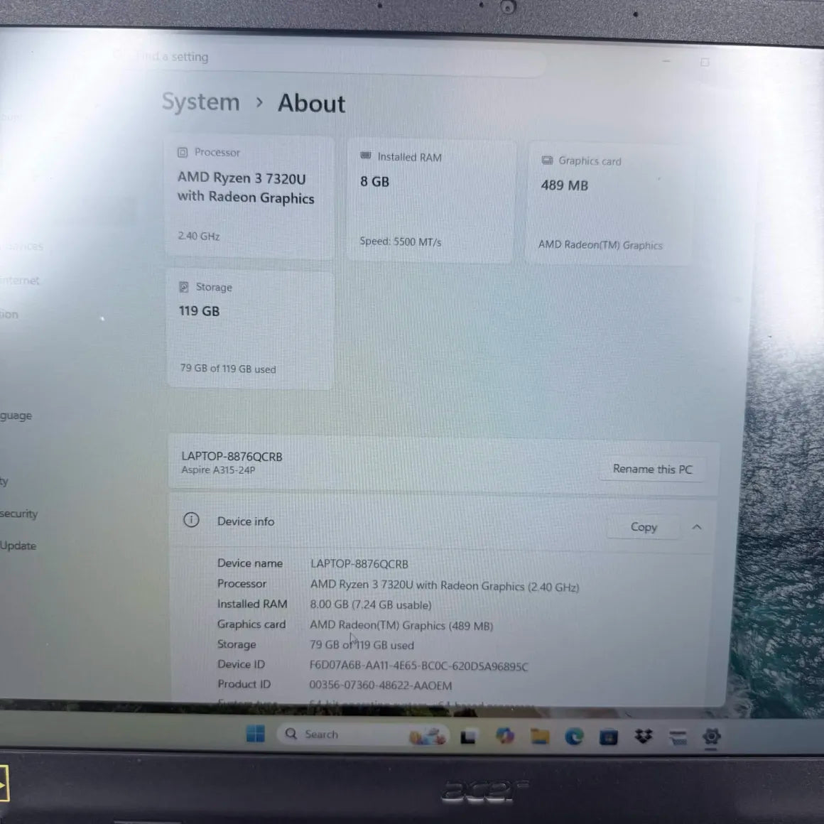 Acer Aspire 3 8876QCRB 15.6" Ryzen 3 7320U 2.4GHz 8GB RAM 128GB SSD
