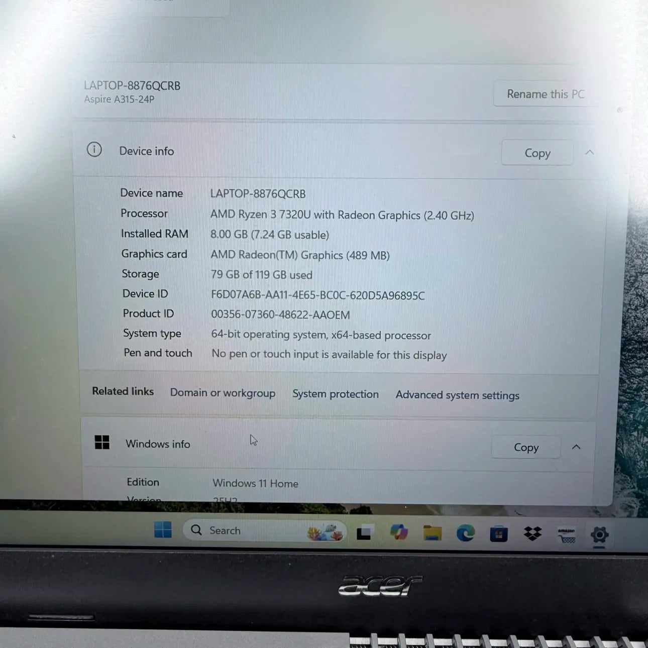 Acer Aspire 3 8876QCRB 15.6" Ryzen 3 7320U 2.4GHz 8GB RAM 128GB SSD