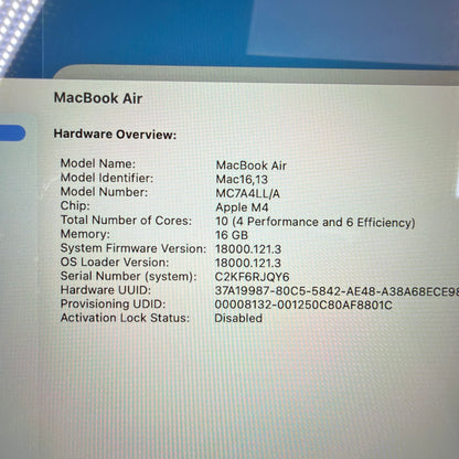 2025 Apple MacBook Air 15" M4 10C GPU 4.5GHz 16GB RAM 256GB SSD MC7A4LL/A READ