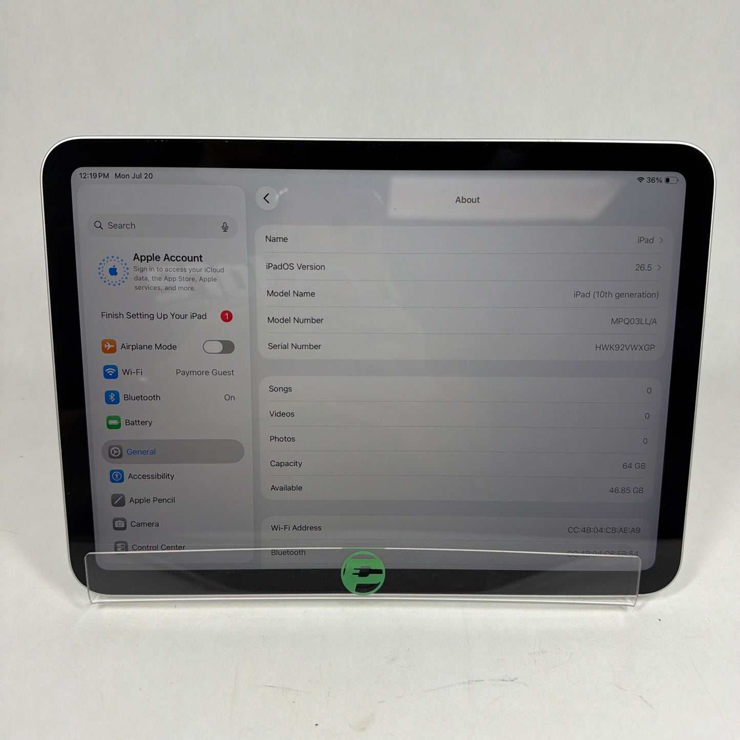 WiFi Only Apple iPad 10th Gen 64GB Silver MPQ03LL/A