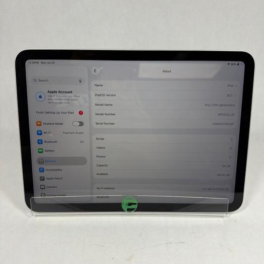 WiFi Only Apple iPad 10th Gen 64GB Silver MPQ03LL/A