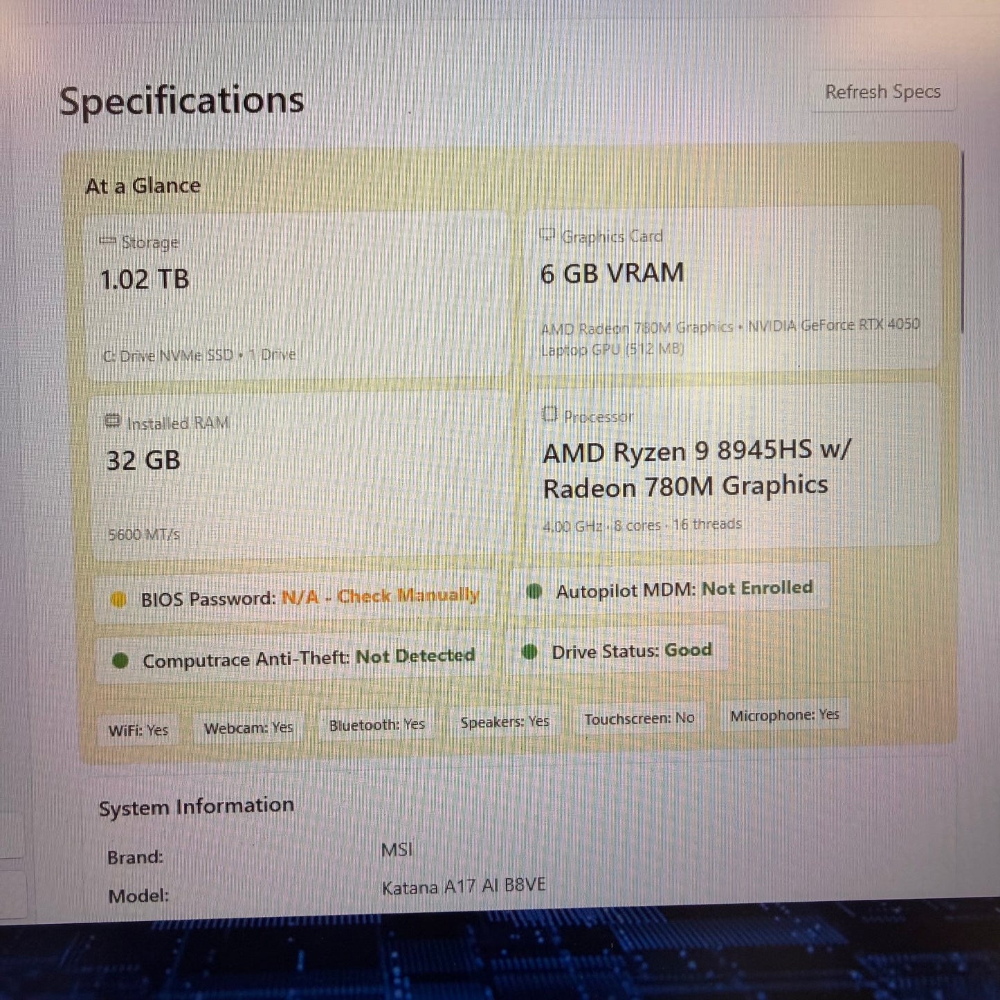 MSI Katana A17 AI B8VE 17.3" Ryzen 9 8945HS 32GB RAM 1TB SSD GeForce RTX 4050