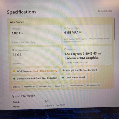 MSI Katana A17 AI B8VE 17.3" Ryzen 9 8945HS 32GB RAM 1TB SSD GeForce RTX 4050
