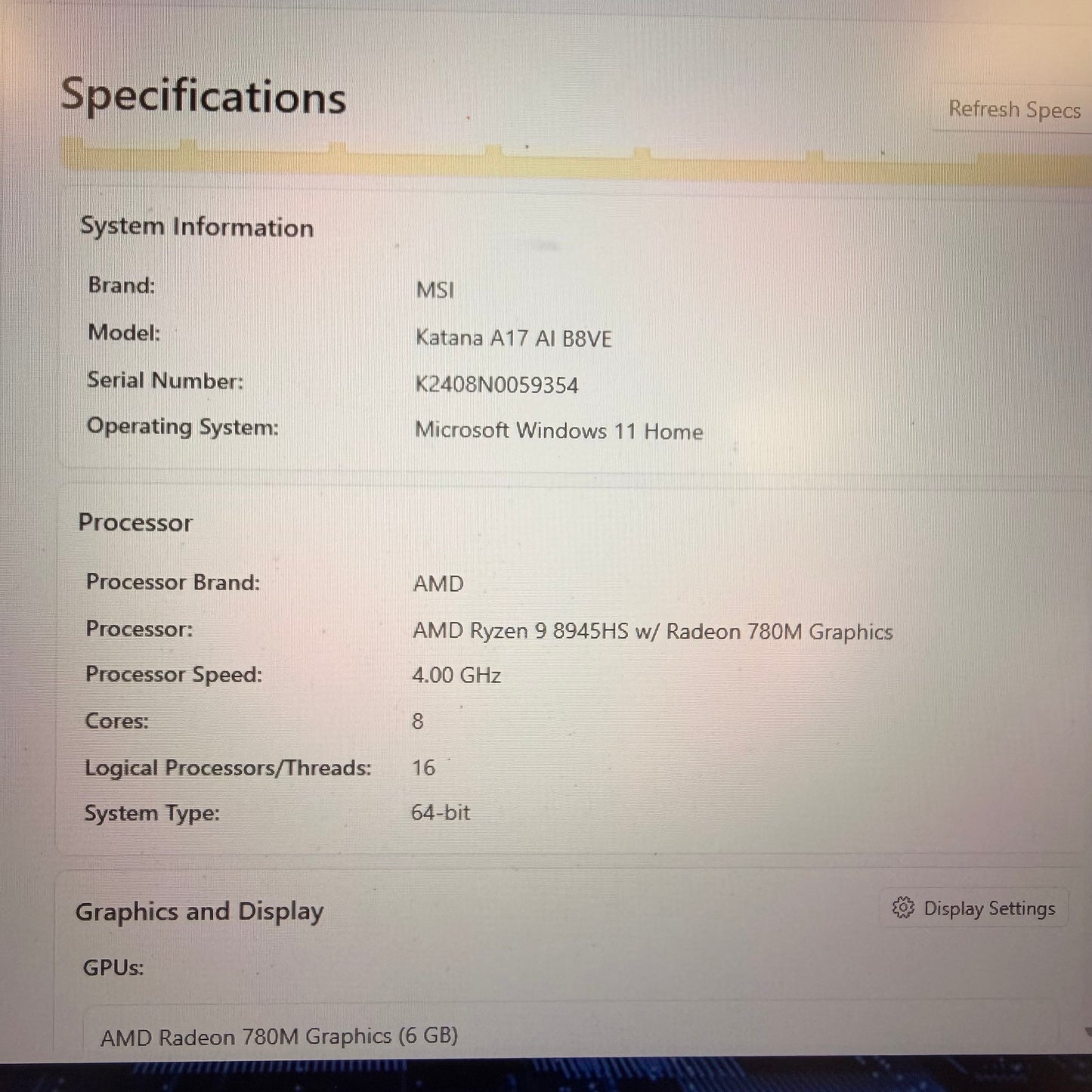MSI Katana A17 AI B8VE 17.3" Ryzen 9 8945HS 32GB RAM 1TB SSD GeForce RTX 4050