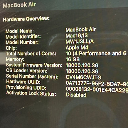 2025 Apple MacBook Air 15" M4 10C GPU 4.5GHz 16GB RAM 256GB SSD MW1J3LL/A