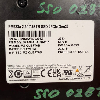 Samsung 2.5" PM983a 2.5" 7.68TB SSD U.2 PCIe Gen3 x4 (NVMe) SSD MZ-QLB7T6B (Copy)