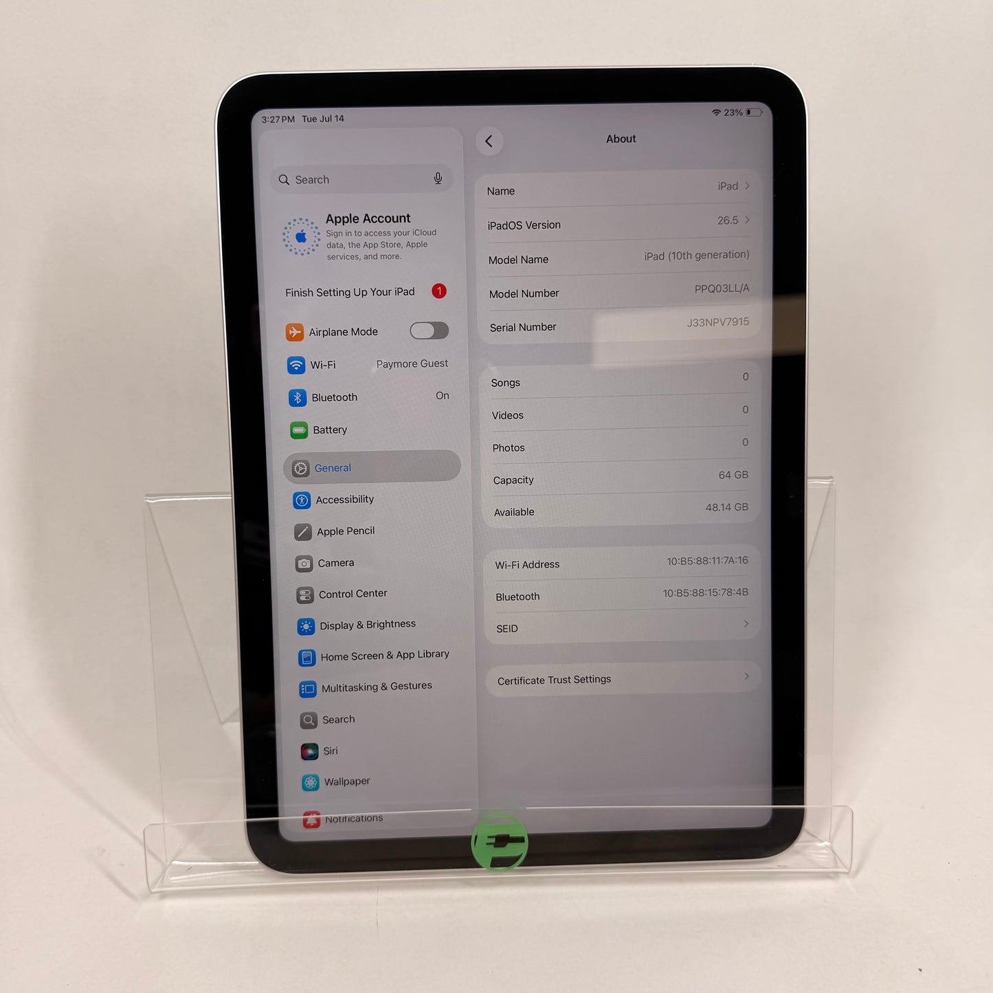 WiFi Only Apple iPad 10th Gen 64GB Silver PPQ03LL/A