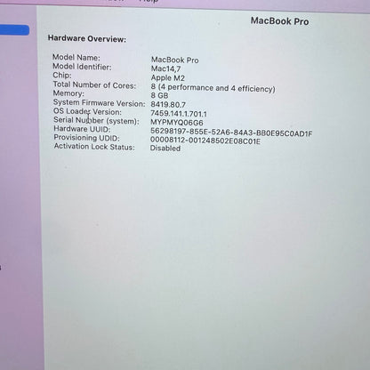 2022 Apple MacBook Pro 13.3" M2 8C GPU 3.5GHz 8GB RAM 256GB SSD MYPMYQ06G6